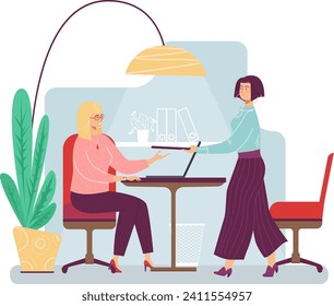 Businesswoman sitting cozy cafe and work laptop, female character waiter hold hand menu cartoon vector illustration, isolated on white. Design coffee house with flower pot, freelance workplace.