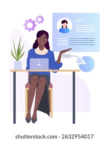 Businesswoman sitting at desk with laptop, analyzing data and profile metrics, flat style on white background, concept of digital management. Vector illustration