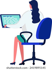 Businesswoman sitting at desk working on laptop. Professional female in office attire using computer. Career woman and office technology vector illustration.