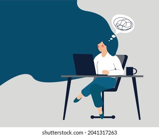 Mujer de negocios sentada frente a su computadora y cansada. Mujer empresaria en la oficina parecía confundida por el estrés. Trastornos de la salud mental, ansiedad, depresión, concepto de estrés laboral. Vector