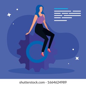 businesswoman sitting in gear pinion vector illustration designicon