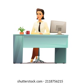 Businesswoman is sitting at her desk. Young woman. Funny person character. Cartoon funny style illustration. Isolated on white background. Vector