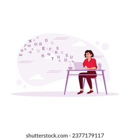  Businesswoman sitting at her office desk completing work with alphabet letters flying upwards. Content Writer concept. trend modern vector flat illustration