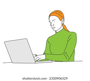 A businesswoman is sitting at a laptop. The girl is surfing the Internet or working at a computer. Vector single line hand drawing sketch illustration.