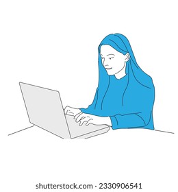 A businesswoman is sitting at a laptop. The girl is surfing the Internet or working at a computer. Vector single line hand drawing sketch illustration.