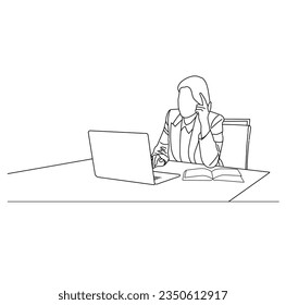 A businesswoman is sitting at a laptop. The girl is surfing the Internet or working at a computer. Vector single line hand drawing sketch illustration.