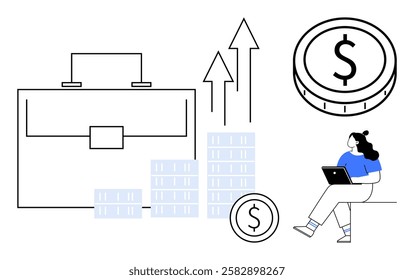 Businesswoman sitting with a laptop, large briefcase, coin symbols, rising arrows, and stacks of money. Ideal for financial planning, economic analysis, business strategy, investment advice, market