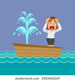 Businesswoman sitting in a leaking boat. illustration vector cartoon.