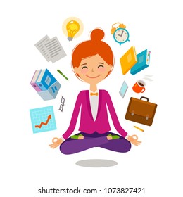 Businesswoman sitting in lotus pose. Business, multitasking concept. Cartoon vector illustration