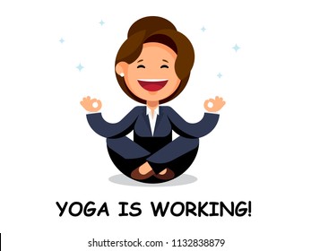 Businesswoman sitting in lotus pose. A cartoon girl in a business suit is meditating. Meditation 