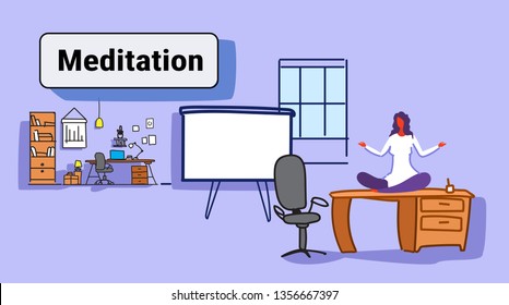 businesswoman sitting lotus pose on table workplace desk business woman keeping calm yoga meditation concept modern office interior sketch doodle horizontal