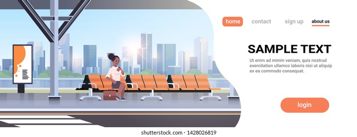 businesswoman sitting modern bus stop african american woman checking time waiting public transport on airport station cityscape background flat horizontal full length copy space