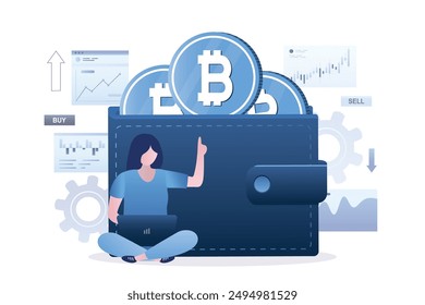 Businesswoman sitting near wallet and working on laptop. Salary and payments in cryptocurrency. Female investor trades bitcoin. Blockchain technology. Invest in bitcoin, trader makes money. Vector