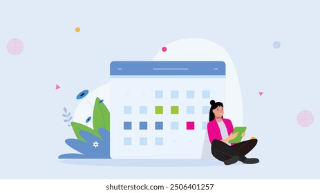 Businesswoman sitting next to a large calendar, holding a tablet, symbolizing scheduling, time management, and work-life balance in a professional setting.

