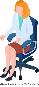 Businesswoman sitting in an office chair, wearing a suit and skirt. Professional female in corporate attire, isolated on white background. Career woman, office space vector illustration.