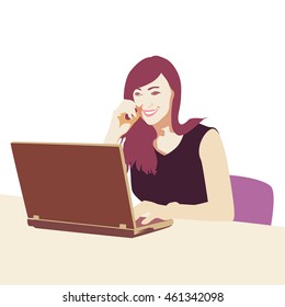 Businesswoman sitting in office at desk and typing on laptop. Vector illustration, flat design