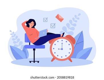 Businesswoman sitting on big clock, ready for deadline. Tiny woman working with laptop flat vector illustration. Effective work, productivity concept for banner, website design or landing web page