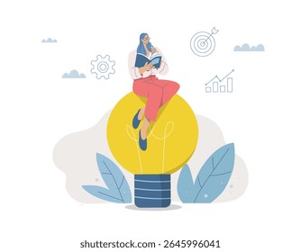 Businesswoman sitting on big light bulb, symbol of creativity and innovation, business idea goal achievement, flat vector design illustration.
