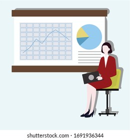 Businesswoman sitting on chair. Creative idea design. Flat vector illustration for template, brochure or presentation.  