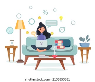 The businesswoman is sitting on the couch with a laptop and working at home. The concept of financial technologies. Doing business, cryptocurrency, electronic wallets. Vector illustration