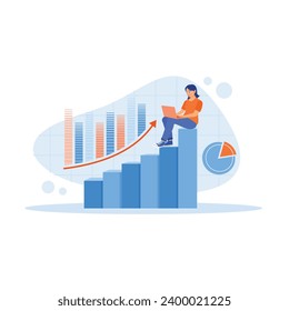 Businesswoman is sitting on a growth chart. Analyzing business growth using a laptop with an upward arrow. Growth Analysis Concept. Trend Modern vector flat illustration