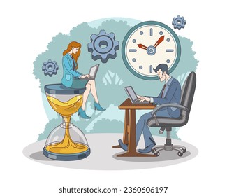 Businesswoman sitting on hourglasses and working on laptop. Time organization and management concept. Flat vector illustration in blue colors in cartoon style