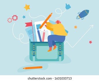 Businesswoman Sitting on Huge Portfolio Briefcase Put Pencil to Bag with Different Business Documents, Stationery and Office Worker Attributes. Manager Filling Handbag Cartoon Flat Vector Illustration