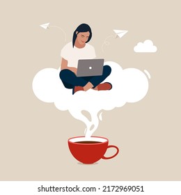 Businesswoman sitting on with laptop relaxing in a cup of coffee, coffee break concept.
