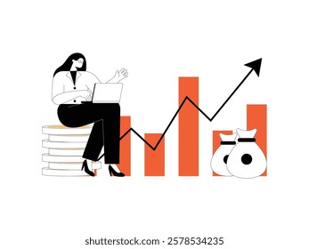 Businesswoman is sitting on a large coin while holding her laptop, she is monitoring the incoming money income.
design, vector, illustration