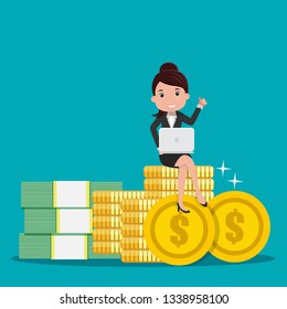 Businesswoman sitting on money. Business Concept - Vector illustration.