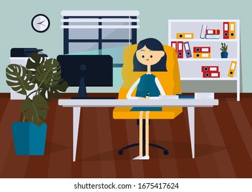 Businesswoman Sitting On Office Chair At A Computer Desk. She Is Looking At The Computer Monitor And Writes With Pen On Paper. Front View. Color Vector Cartoon Illustration