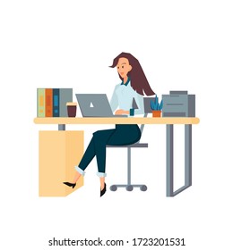 Businesswoman sitting on office chair at a computer desk. She is looking at the laptop and typing on the keyboard. Front view. Color vector cartoon illustration. Isolated on white.