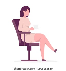 Businesswoman sitting on office chair and holding coffee cup. Color vector illustration