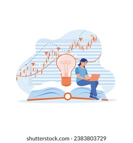 Businesswoman sitting on open book and light bulb. Using a laptop to study the stock market and candlestick charts. Stock Trading concept. trend modern vector flat illustration 