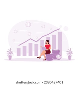 The businesswoman is sitting on a pile of coins. Checking the money from the laptop keeps increasing. Earning Money concept. Trend Modern vector flat illustration