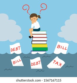 Businesswoman sitting on a stack of books problem solving debt tax, illustration vector cartoon