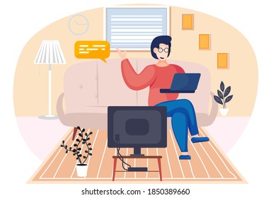 Businesswoman is sitting with open laptop in hands on the sofa in livingroom interior. Woman is working on the laptop. Working communicating process or online meeting, video call or conference