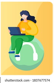 Businesswoman is sitting with opened laptop in hands. Woman is working on the computer. Working communicating process or meeting in office. Vector flat design illustration on yellow background