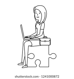 businesswoman sitting in puzzle piece with laptop