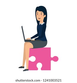businesswoman sitting in puzzle piece with laptop