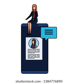 businesswoman sitting in smartphone with employment app