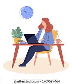 Businesswoman is sitting at a table with a laptopr. Flat vector illustration