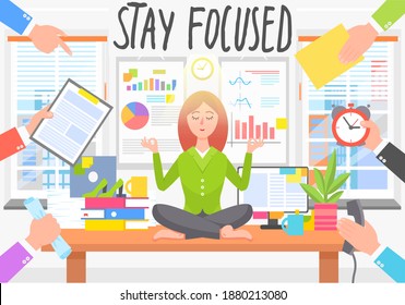 Businesswoman sitting at table in office and meditating with closed eyes. Woman ignoring busy workers with troubles, calls, deadlines. Yoga exercise to calm down stress or stressful emotions