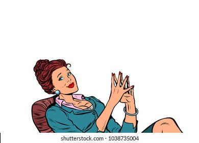 businesswoman sitting at the table relaxed. isolated on white background. Pop art retro vector illustration comic cartoon vintage kitsch