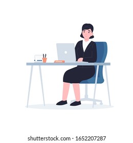 Businesswoman sitting at the table and using a laptop. Flat vector modern illustration isolated on white background.