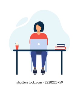 Businesswoman sitting at the table and working in laptop. Freelancer work at home. Office worker