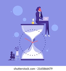 Businesswoman sitting and thinking on hourglass. Wasting time. Too much thinking. Deadline or time management vector illustration concept