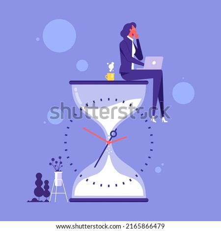 Businesswoman sitting and thinking on hourglass. Wasting time. Too much thinking. Deadline or time management vector illustration concept
