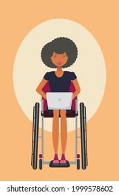 The businesswoman is sitting wheelchair user work on laptop illustration.