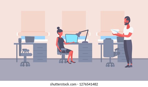 businesswoman sitting workplace businessman holding paper plane man woman couple working together planning future business strategy modern office interior flat horizontal